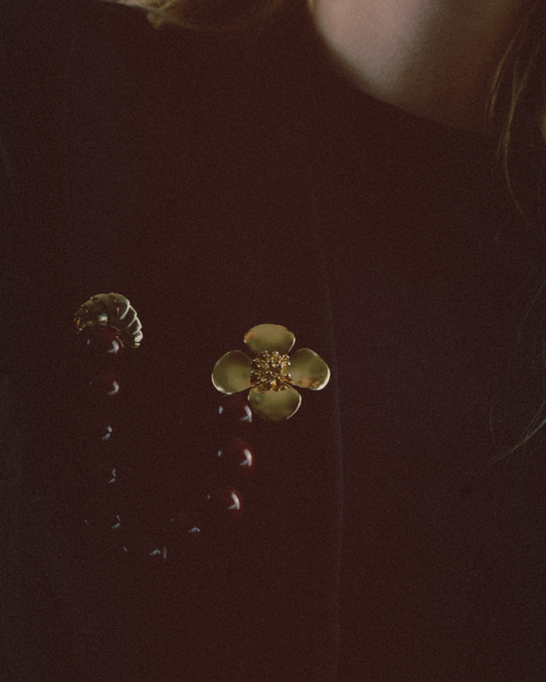 Golden pins croissant and flower with chain of brown beads
