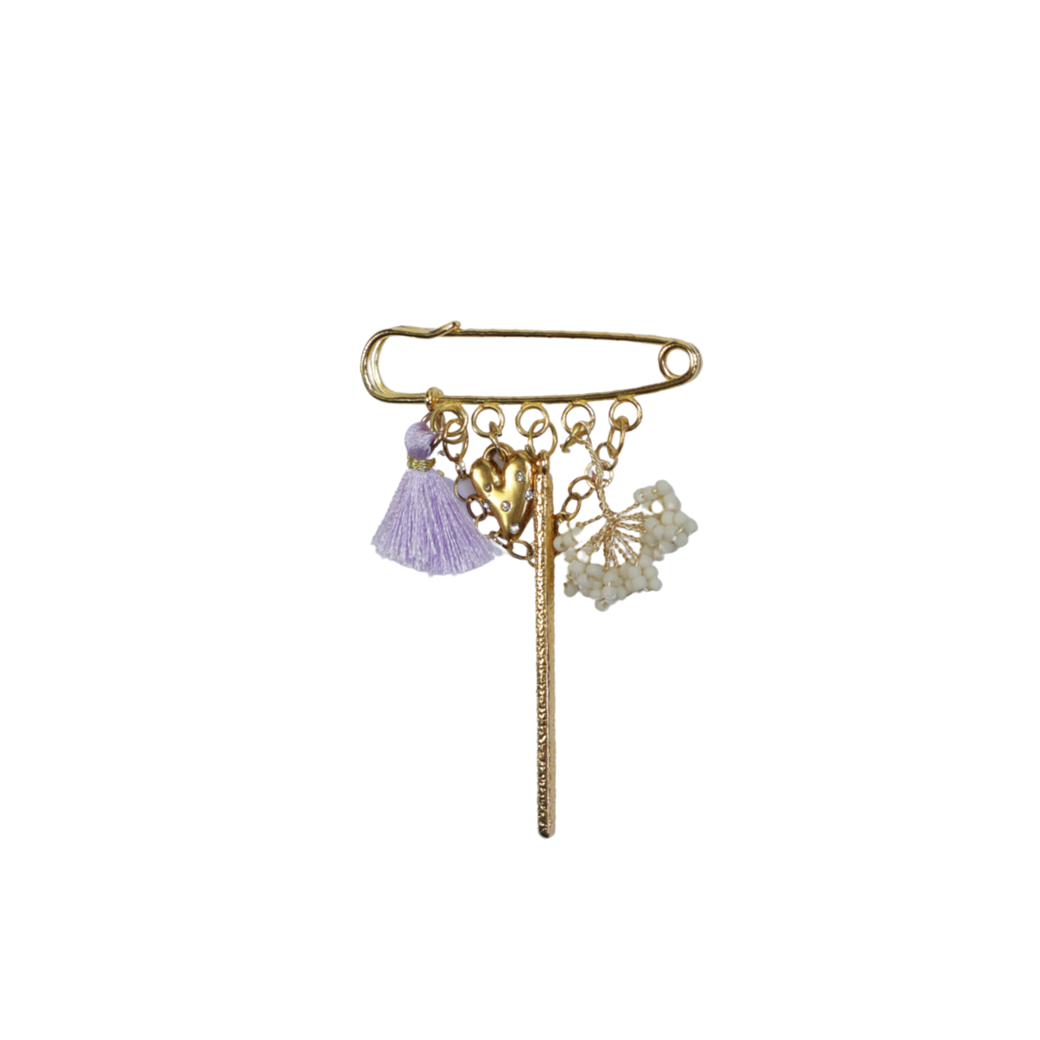Épingle de sûreté dorée avec chaînette dorée, breloque cœur, barrette dorée, franges violettes et pompon de perles beiges