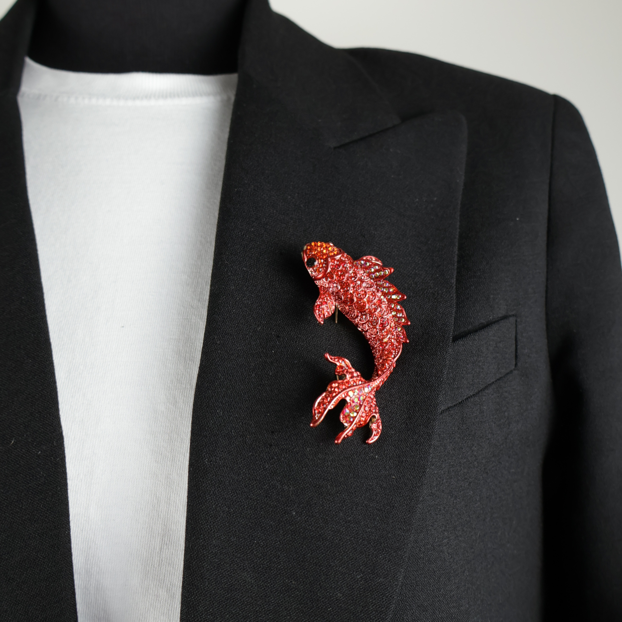 10032 brooch pin red statement koi carp on black blazer