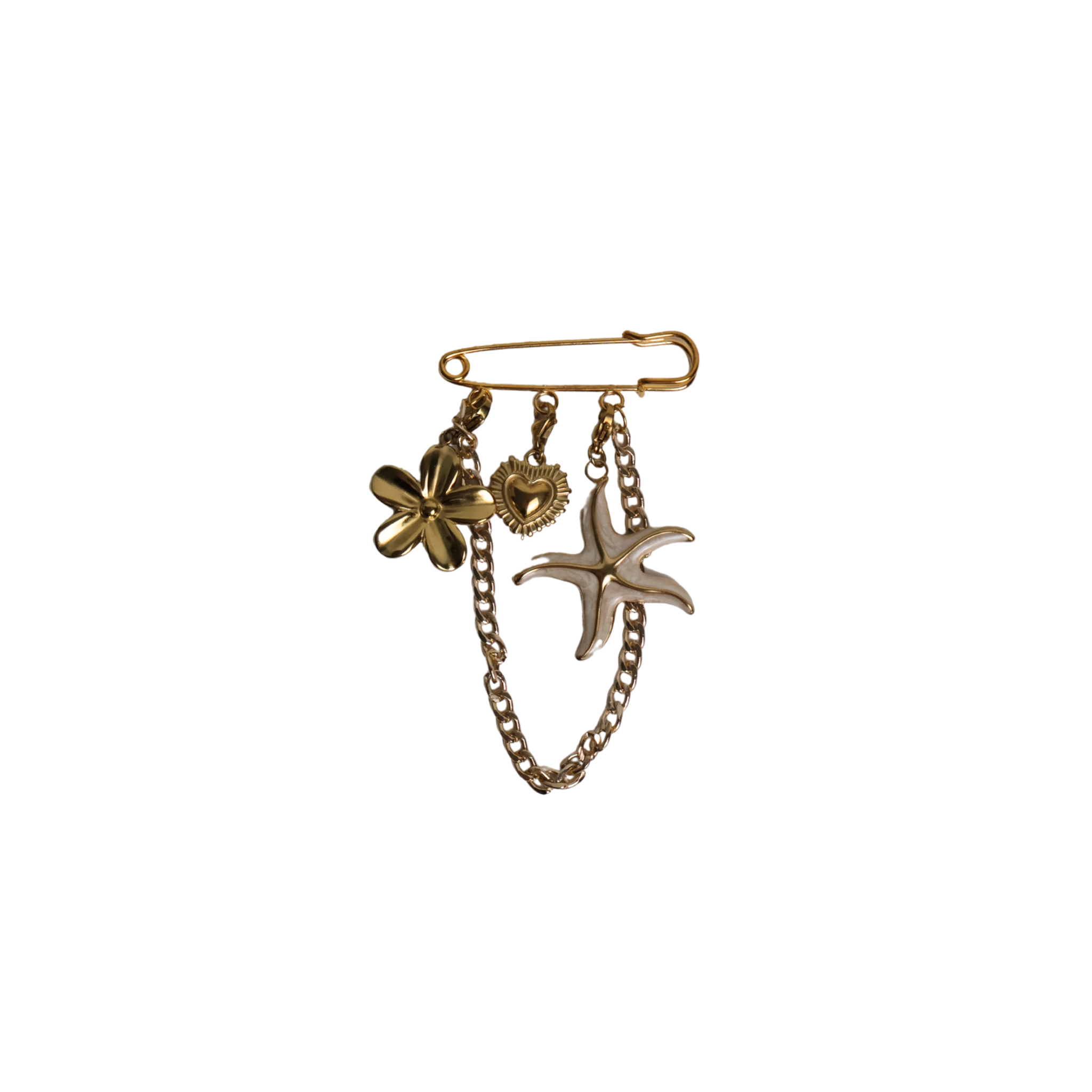 Gouden veiligheidsspeld met bloem, hart, zeester en gouden ketting