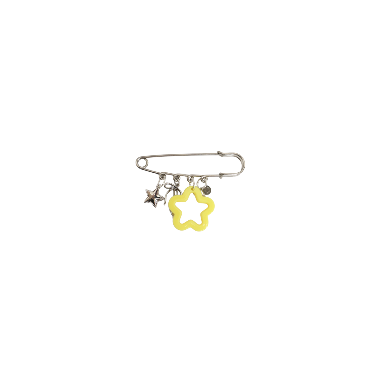 safety pin zilver met bedels ster, strik, smiley en gele ster