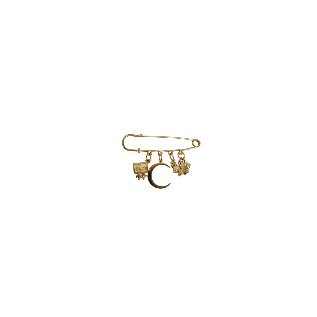 safety pin goud met bedels maan, bloem, smiley en robot