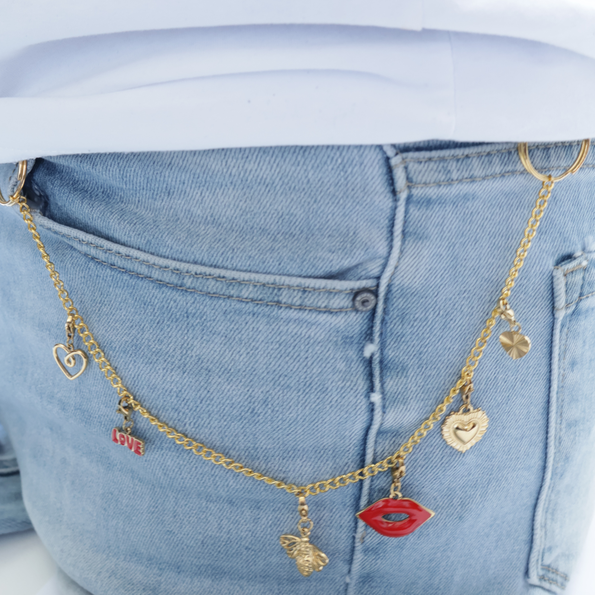 Gold trouser chain love with gold and red charms