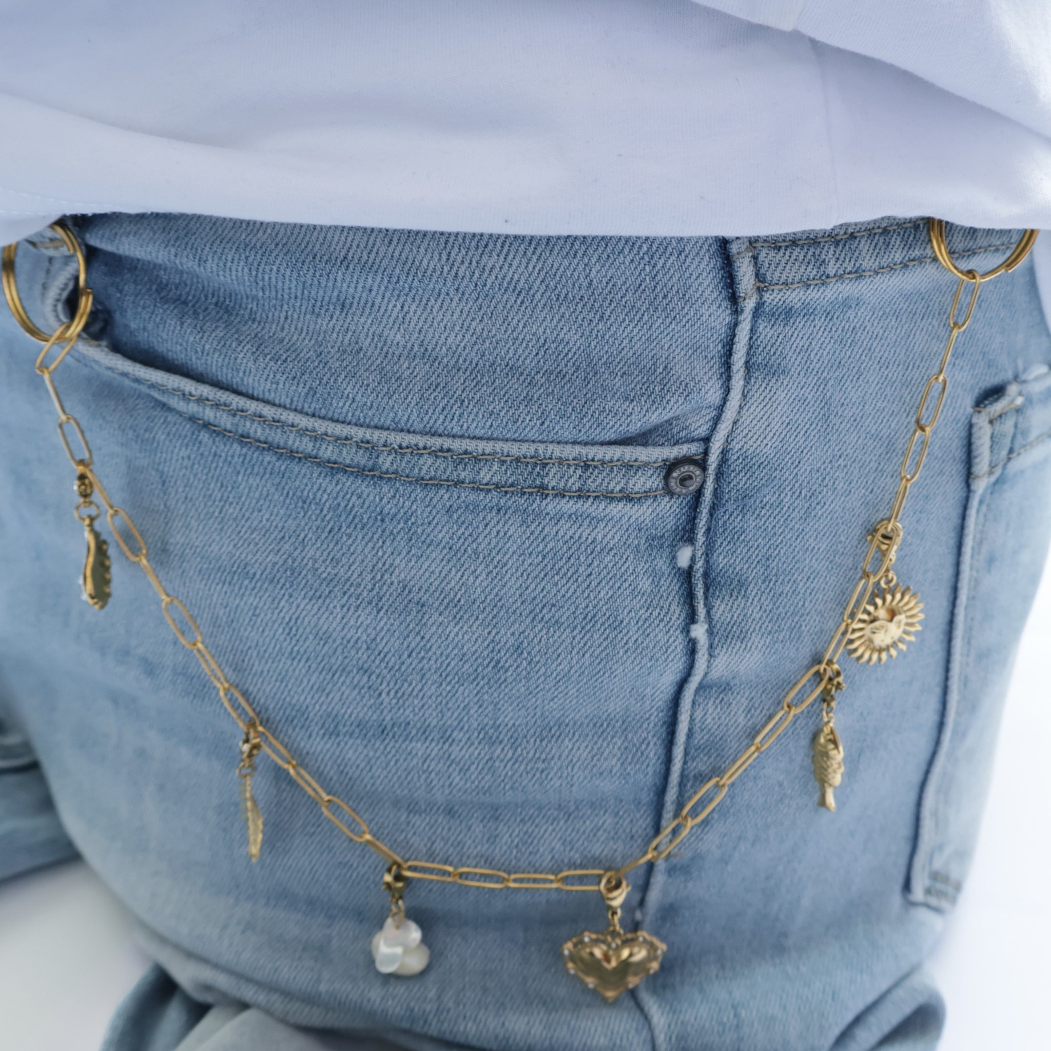 Gold trouser chain summer vibe with gold and white charms